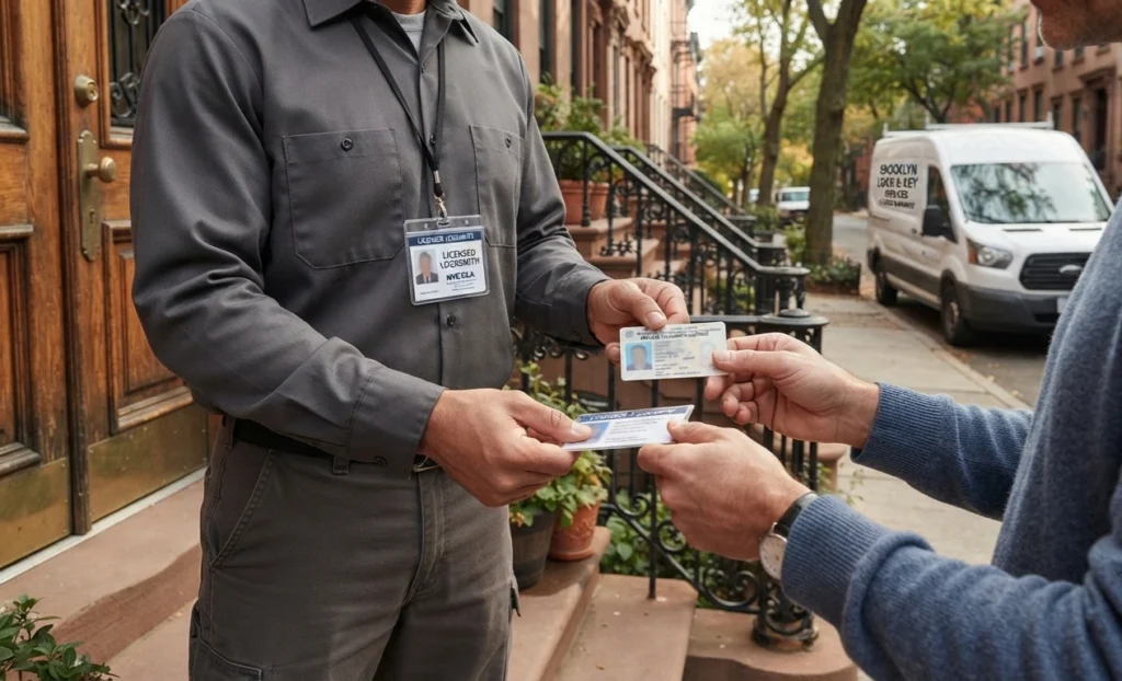 Licensed locksmith checking ID and license before starting a lock job in Brooklyn