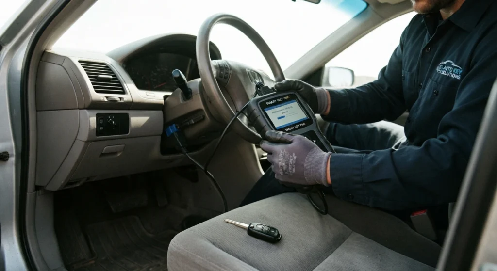 Locksmith programming a transponder car key using diagnostic equipment
