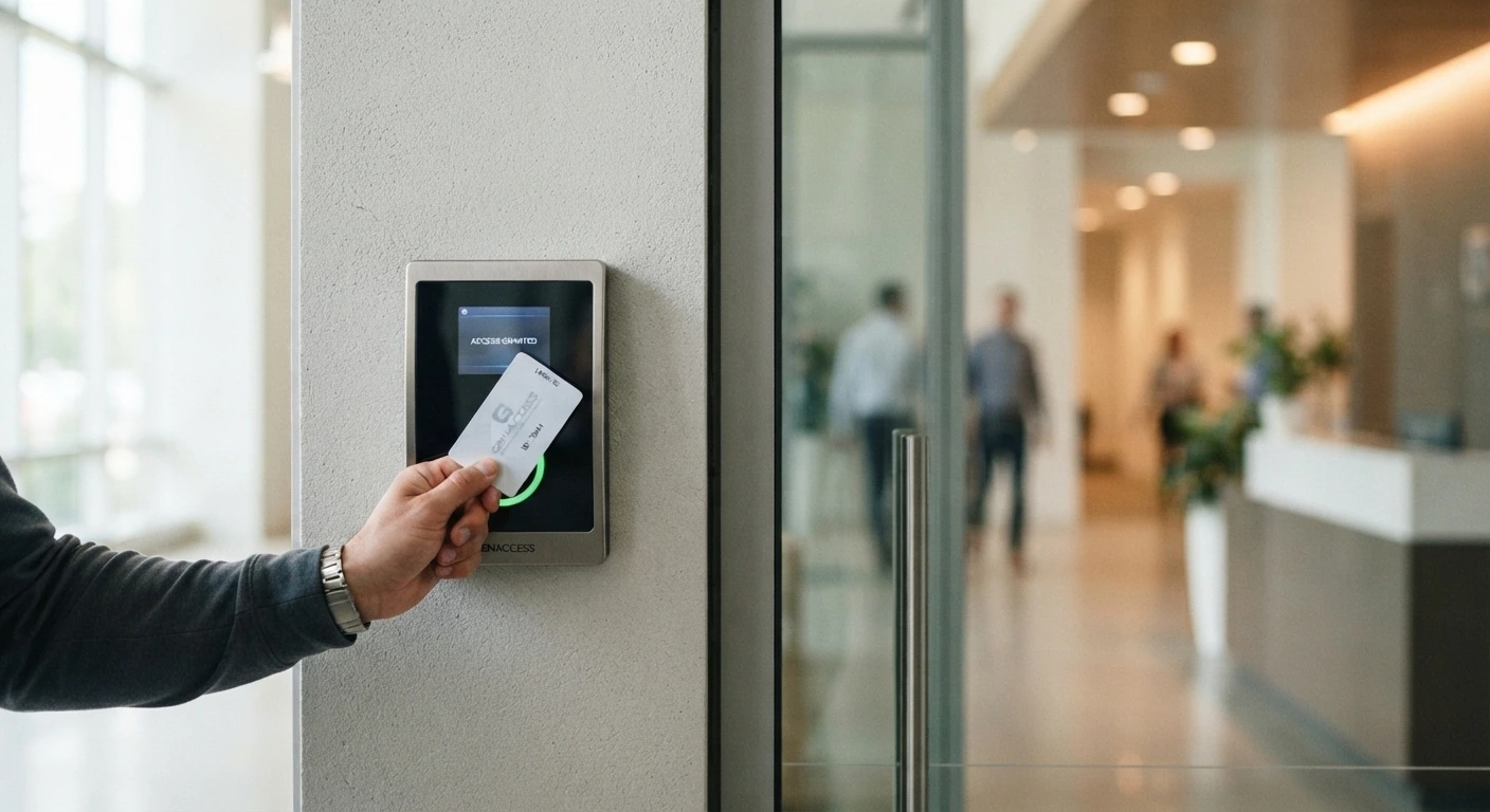 Access control system card reader mounted beside a commercial office door